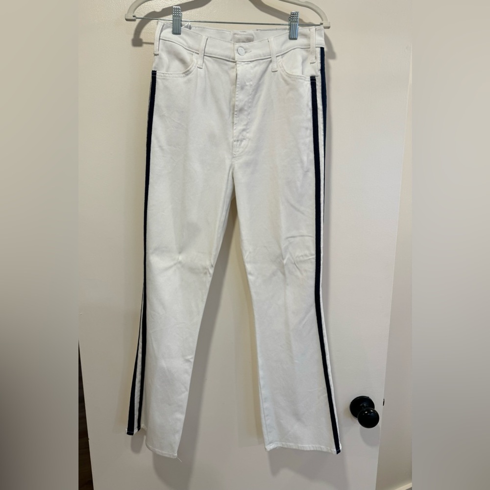 White Mother jeans with two navy stripes